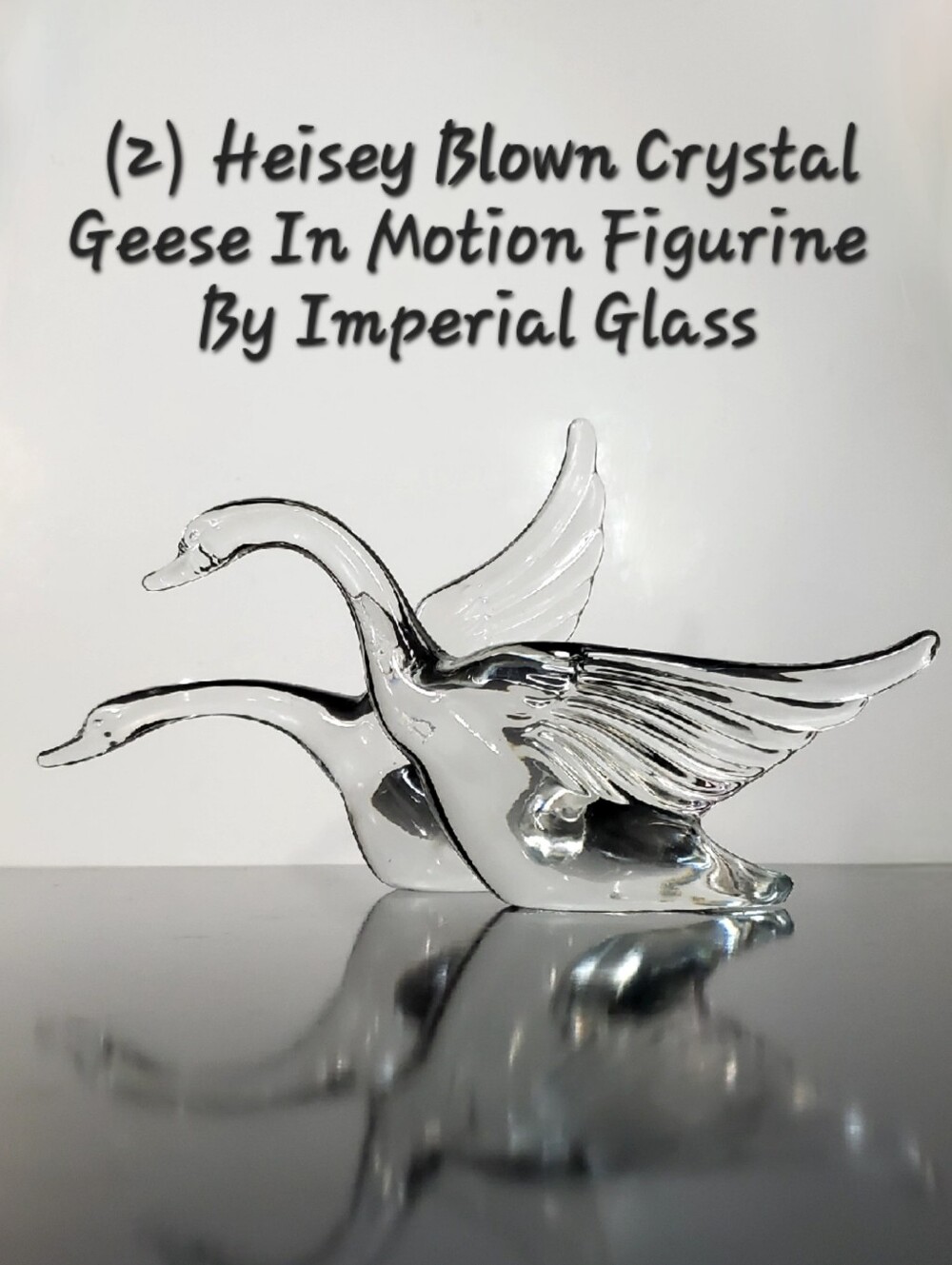 (2) Heisey Blown Clear Crystal Geese In Motion Figurines by Imperial Glass